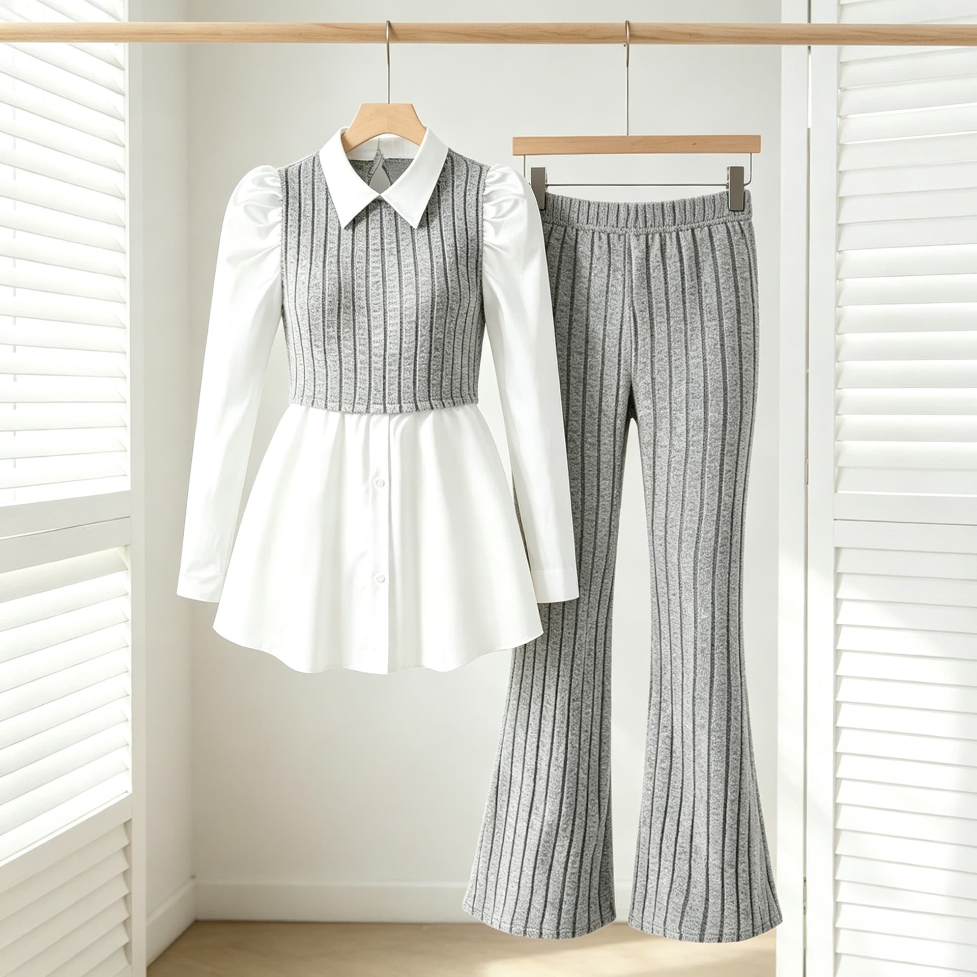 Cross-border hot selling girls' spring and autumn striped shirts and striped elastic waist flared pants for teenagers and older children two-piece set