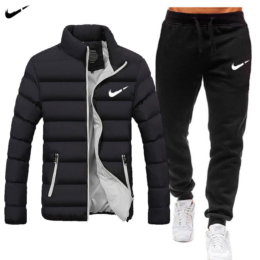 Men's Stand Collar Cotton Jacket + Long Pants Set Winter Thickened Warm Casual Two-Piece Cotton Coat Down Jacket