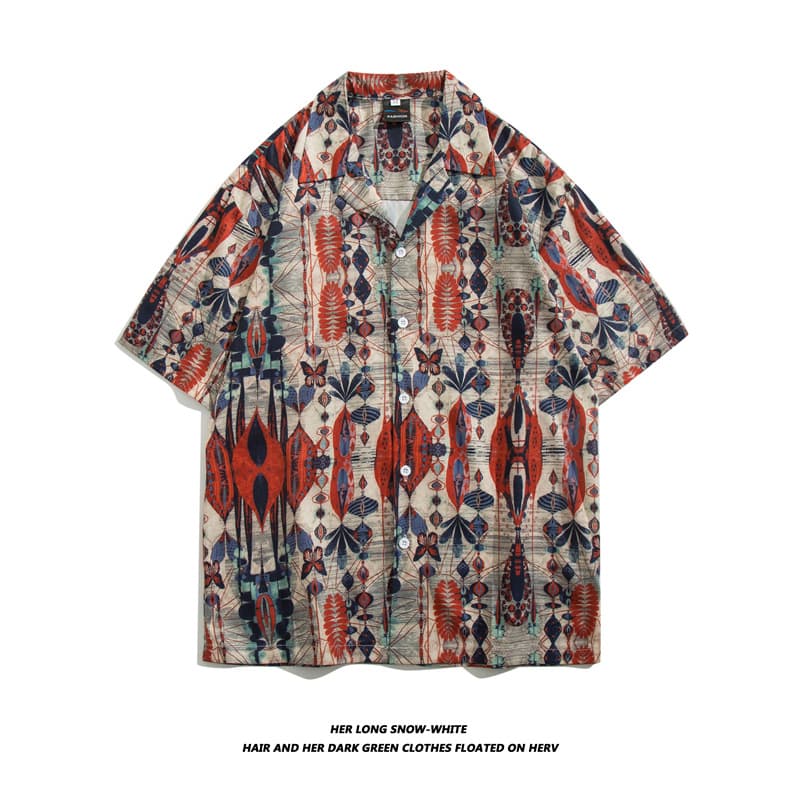 Loose Short Sleeve Vintage Hawaiian Style Shirt Men's Hong Kong Style Thai Design Floral Print Summer Casual Shirt for Teens