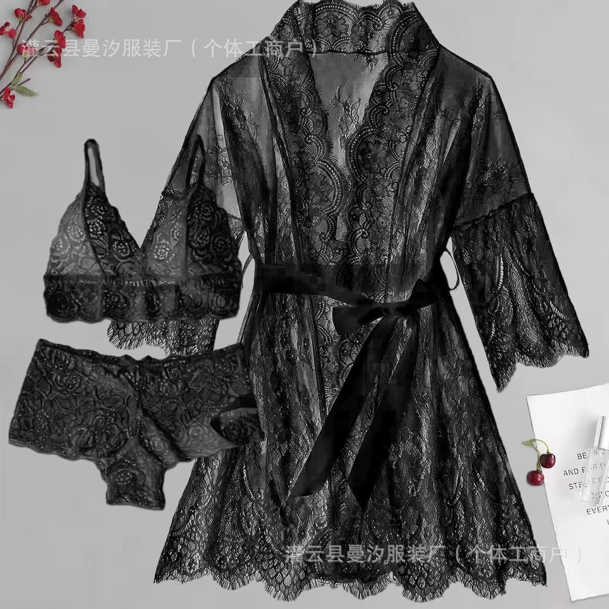 Deep V Bow Tie Women Fashion Lace Robe Open Front Eyelash Lace Trim Lingerie European American Style