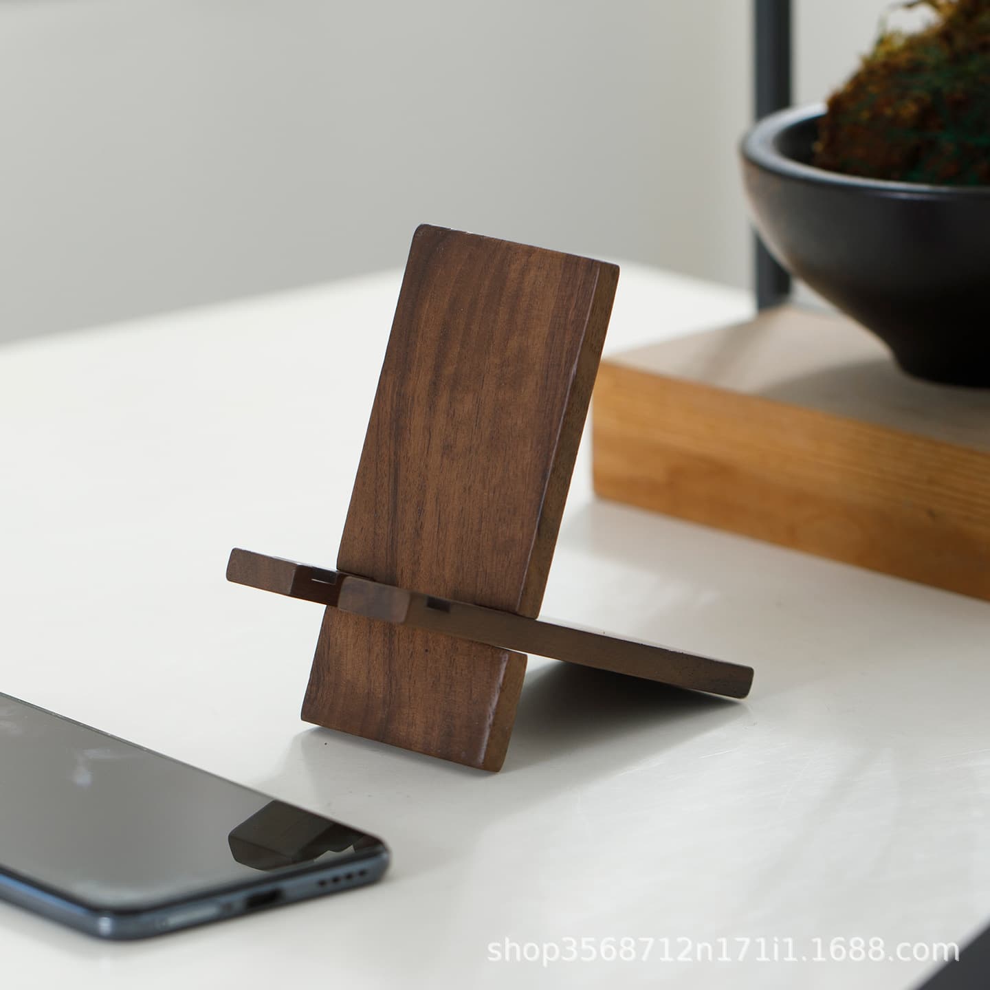 Black Walnut Solid Wood Phone Stand, All-in-One Home Phone Holder, Log Light Luxury Phone Base