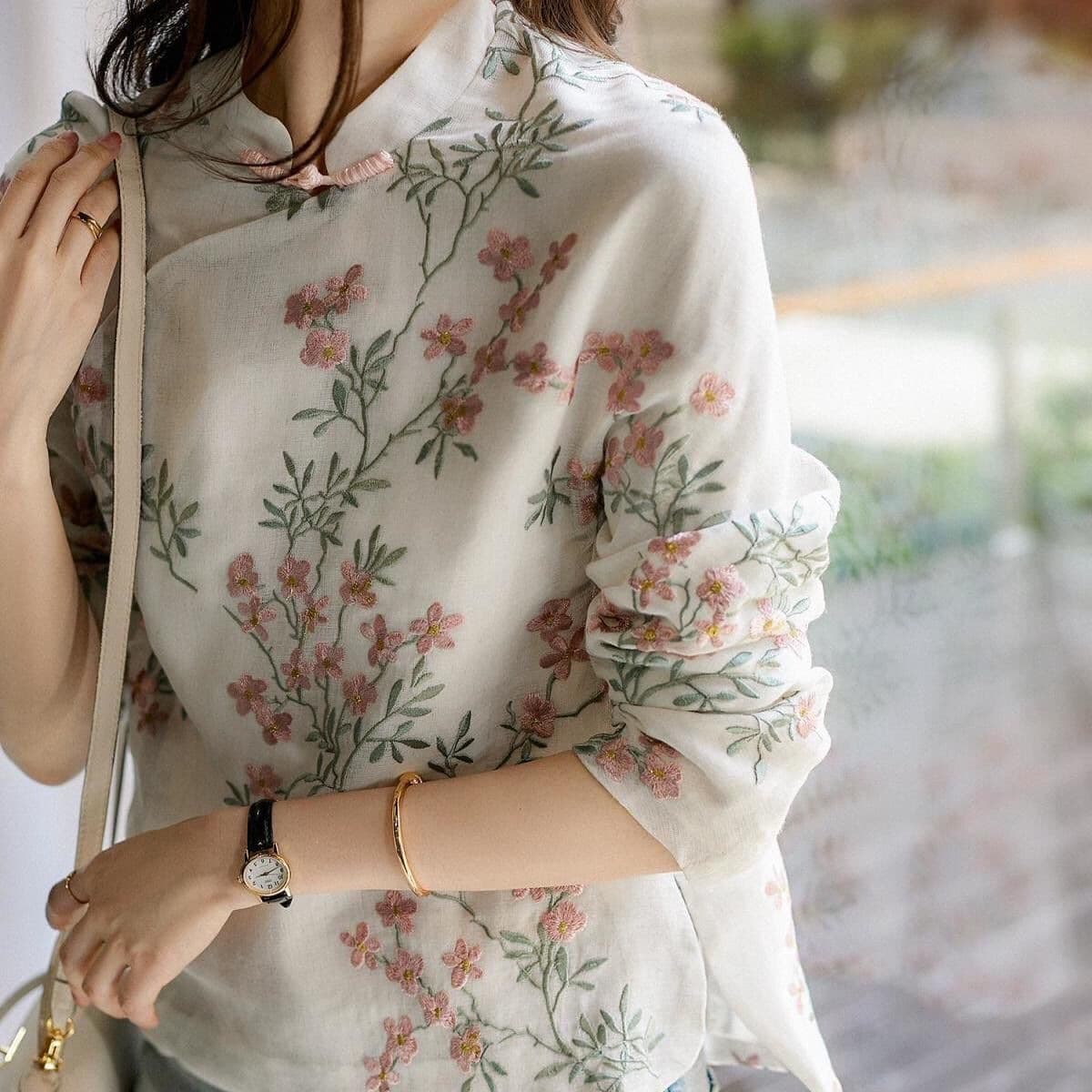 2026 Spring Summer Chinese Style Artistic New Printed Shirt Women Long Sleeve Stand Collar Button Placket Tunic Top
