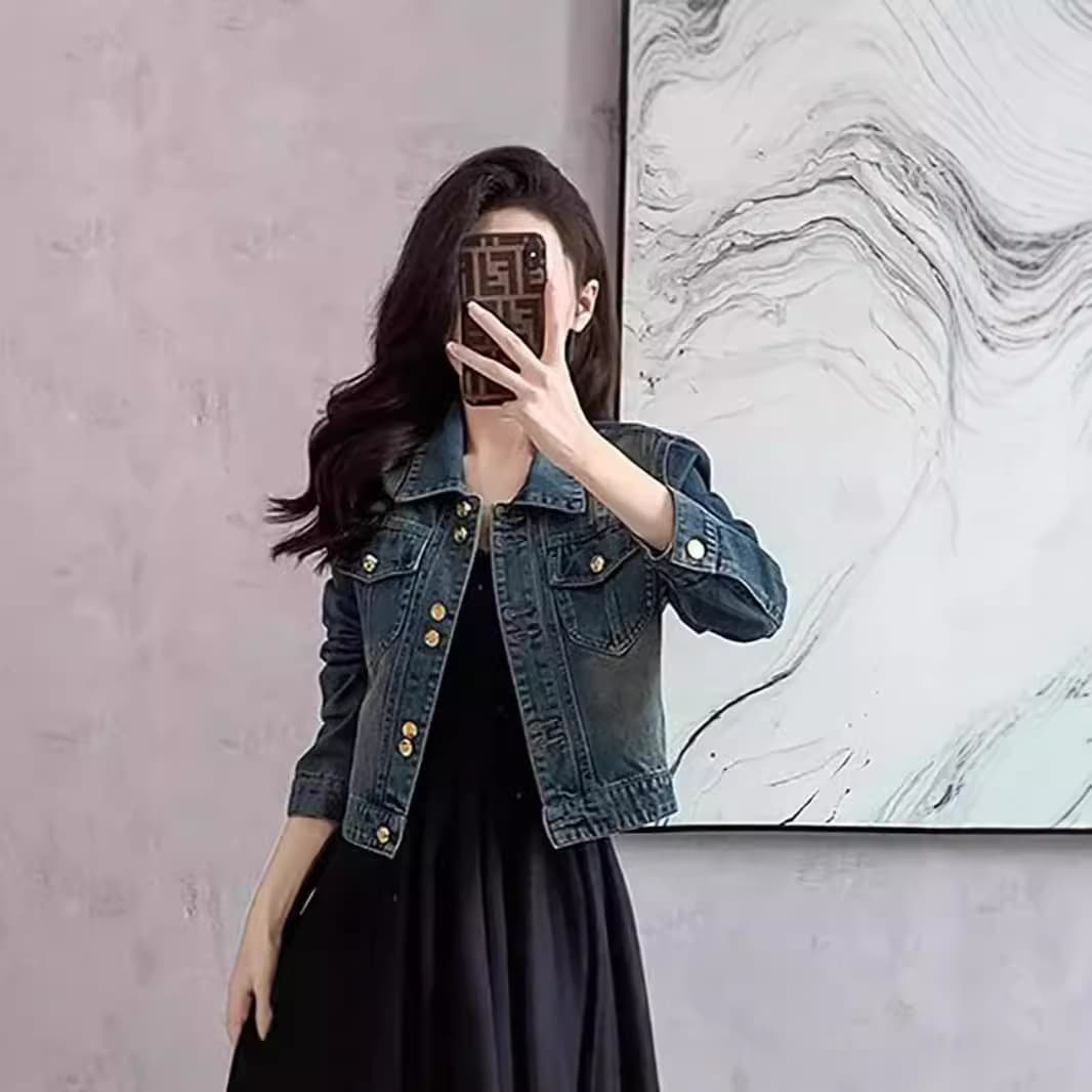 Retro right shoulder denim jacket for women spring and autumn 2024 new hot style early autumn small casual short denim jacket