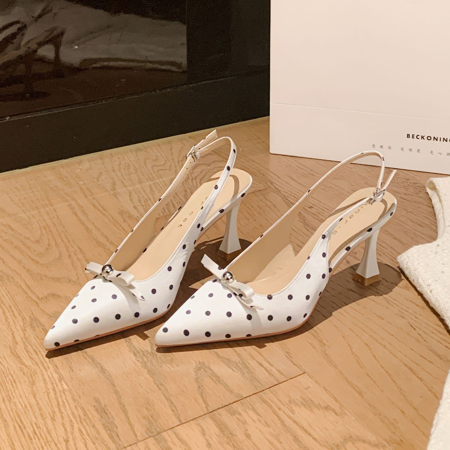 76609 Women's High Heels Thin Heel 2026 New French Polka Dot Sandals Pointed Toe Open Back Bow Shoes
