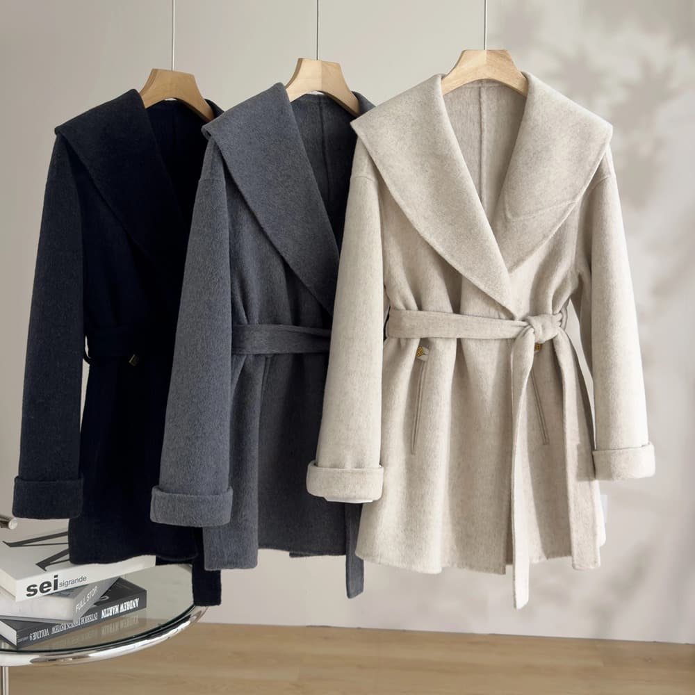 Woolen Korean-style Notch Lapel Belted Alpaca Wool Coat Winter Mid-Length Gray Double-Faced Wool Outerwear for Women