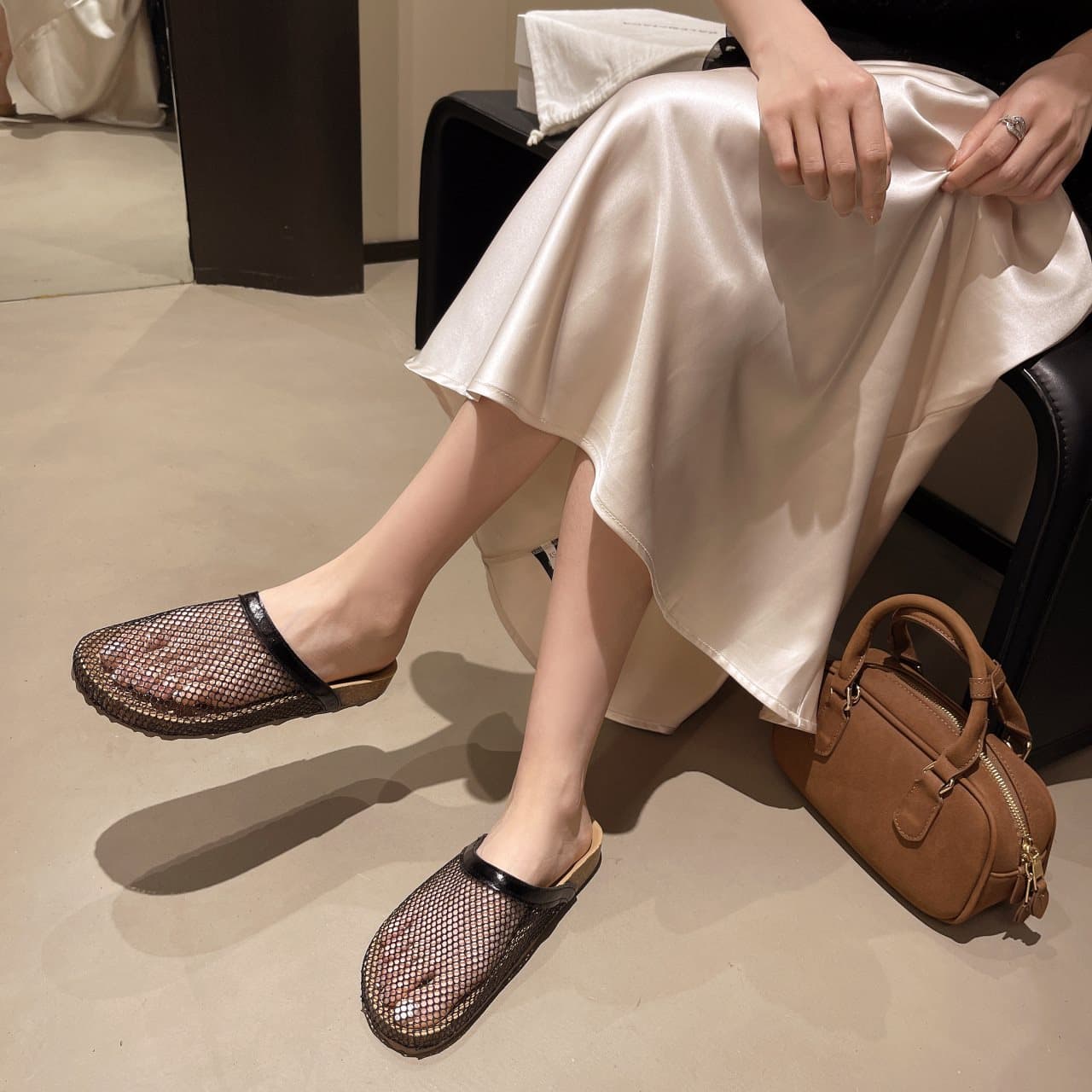 Sandals for Women, Beach Fishnet Toe Caps, Cut Out Casual 2025 New Half Slippers for Women, Summer Outer Wear, Korean Style