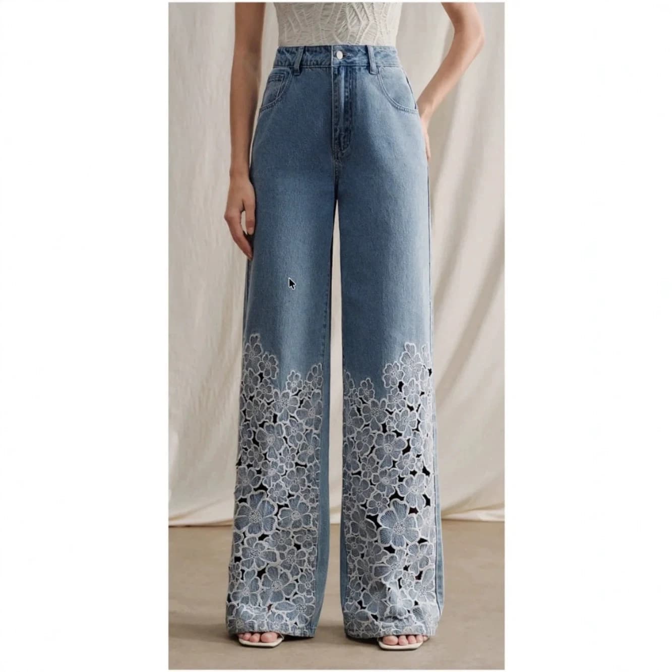 2026 High-Waist Wide-Leg Pants for Women Spring Autumn Fashion Elegant Versatile Hollow Floral Lace Patchwork Denim Jeans with Drape