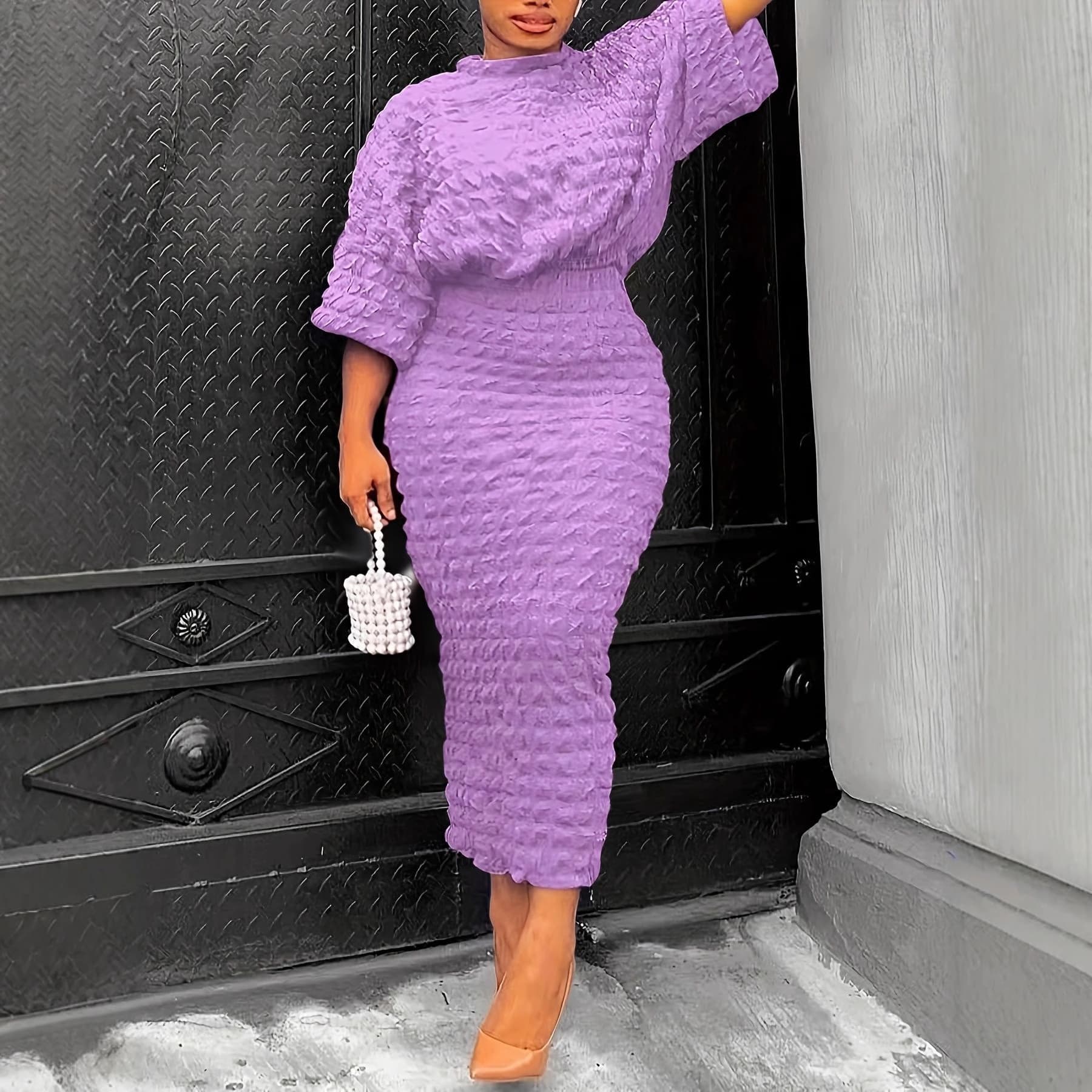 TB6593 Cross-Border Plus Size Solid Color Bubble Fabric Batwing Sleeve Top and Skirt Two-Piece Set