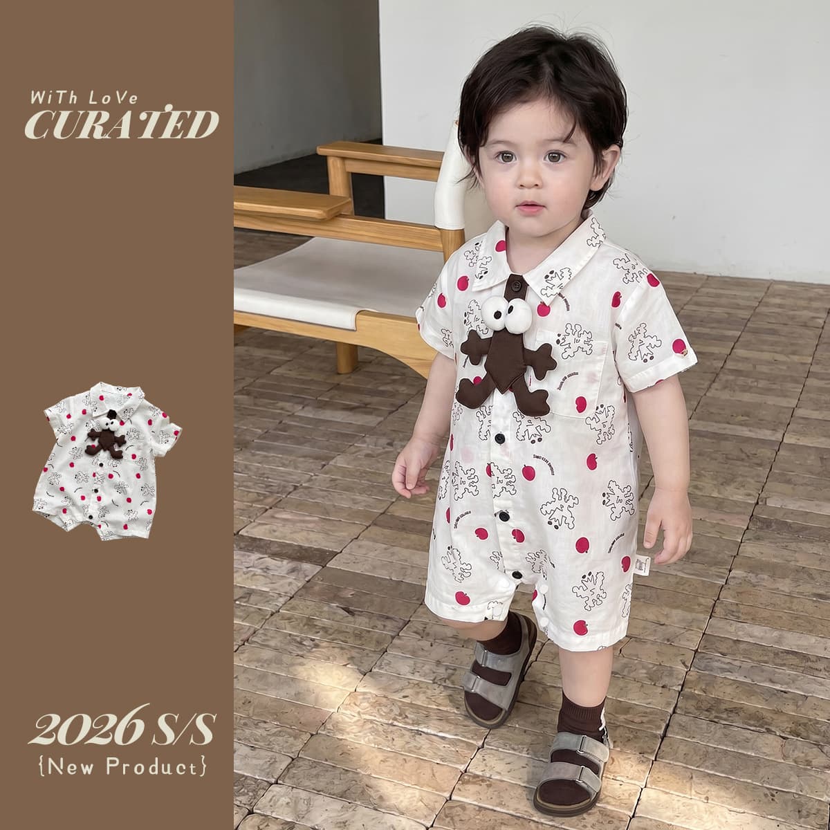 Boys' shirt jumpsuit, baby boy's thin cartoon printed short-sleeved romper, infant and toddler bag, summer