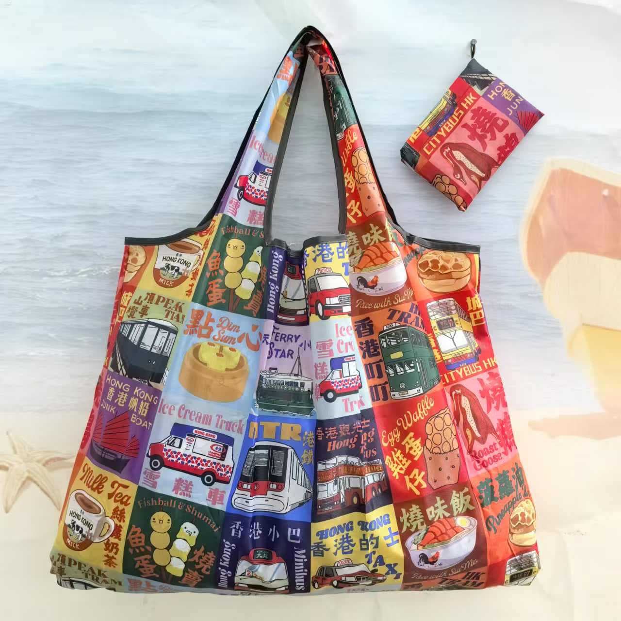 Hong Kong Characteristic Elements Supermarket Shopping Bag Eco Handheld Grocery Bag Foldable Portable Large Capacity Cartoon Oxford