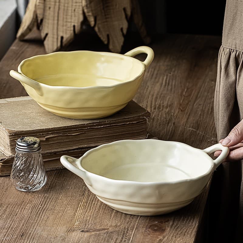 Ceramic Matte Double Ear Bowl Japanese Style Home Soup Bowl Dessert Bowl Salad Bowl Instant Noodle Bowl Tableware Wholesale Noodle Bowl