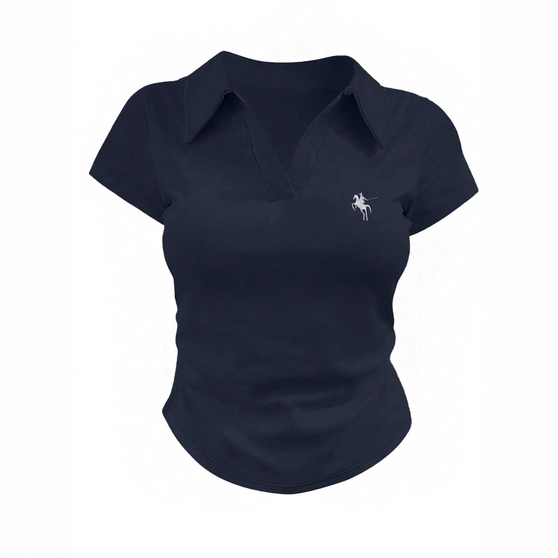 Amazon Cross-border Korean-style Notch Collar Polo Shirt Solid Slim Short Rider Embroidery Simple Versatile Short Sleeve Top