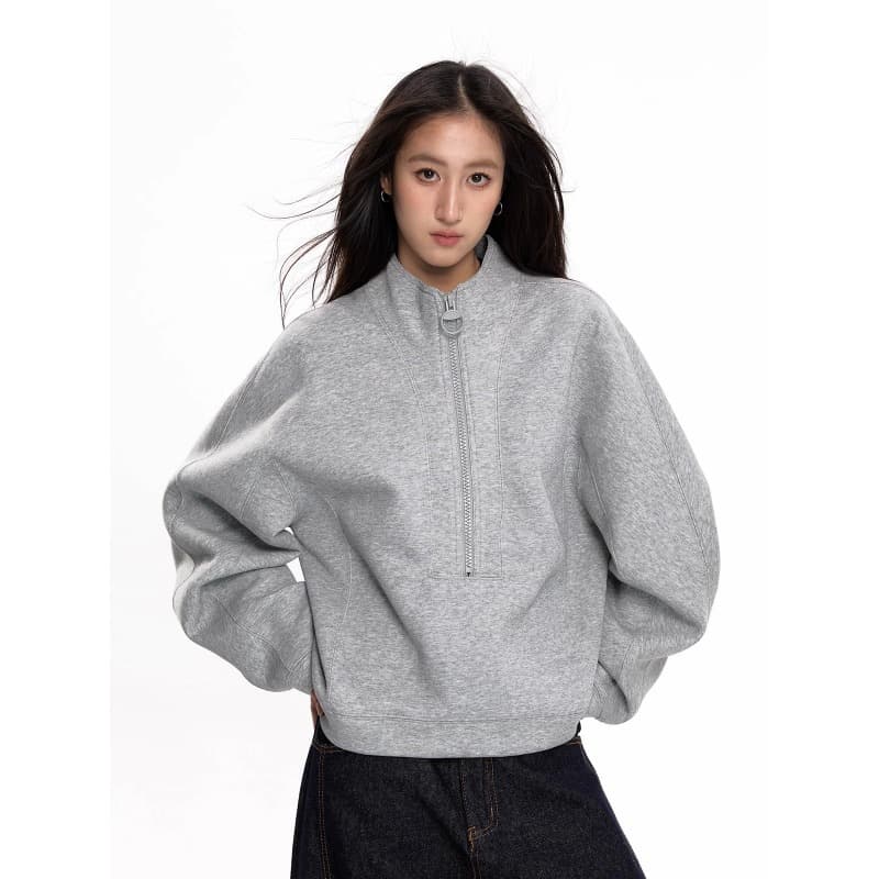 2025 Spring/Autumn American Retro Half-Zip Sweatshirt, Unisex Cropped Oversized Casual Pullover Top