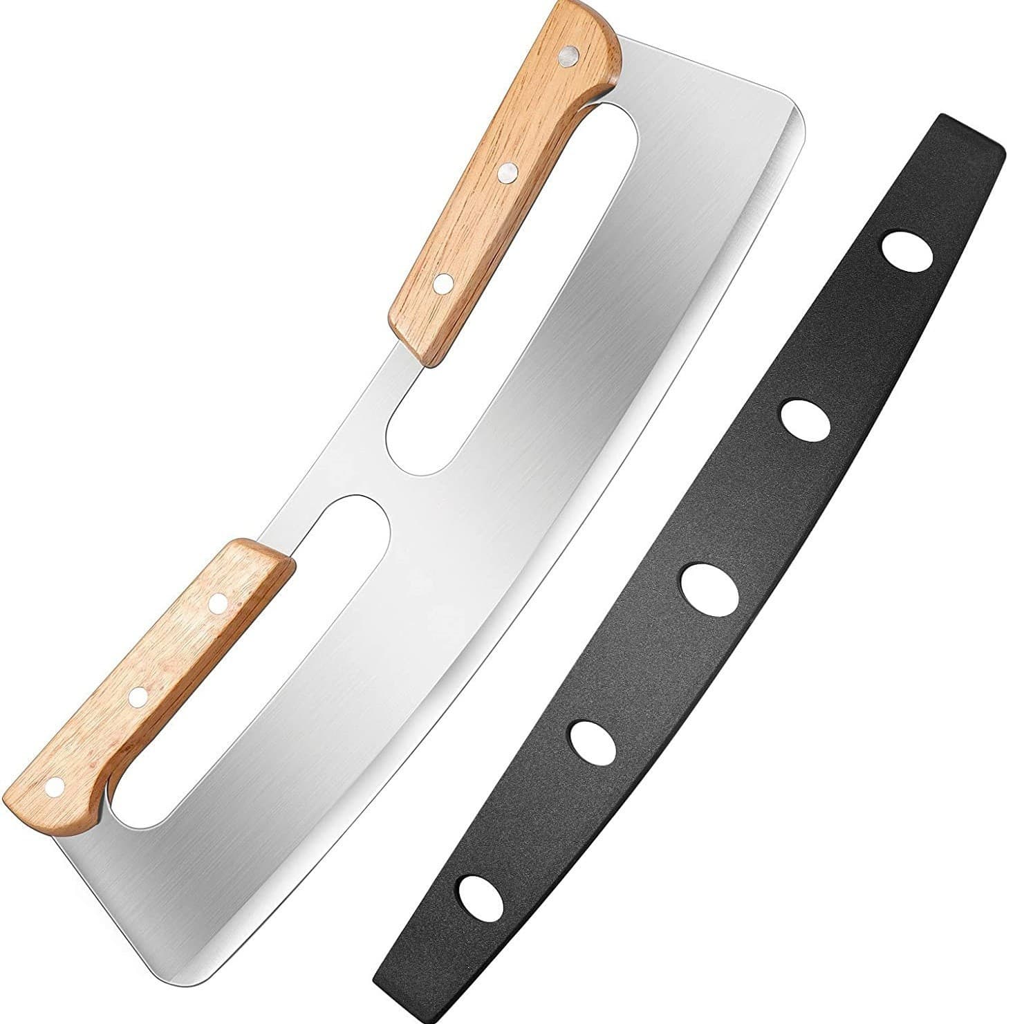 Stainless Steel Pizza Cutter with Wooden Handle and Blade Cover, Curved Blade, Half-Moon Dough Knife, Baking Tool