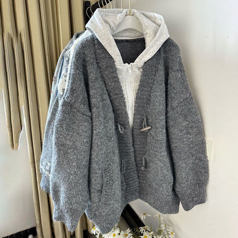 Autumn New Korean Style Oversized Thickened Faux Two-Piece Horn Button Cardigan Women's Loose Fit Trendy Internet Celebrity Jacket