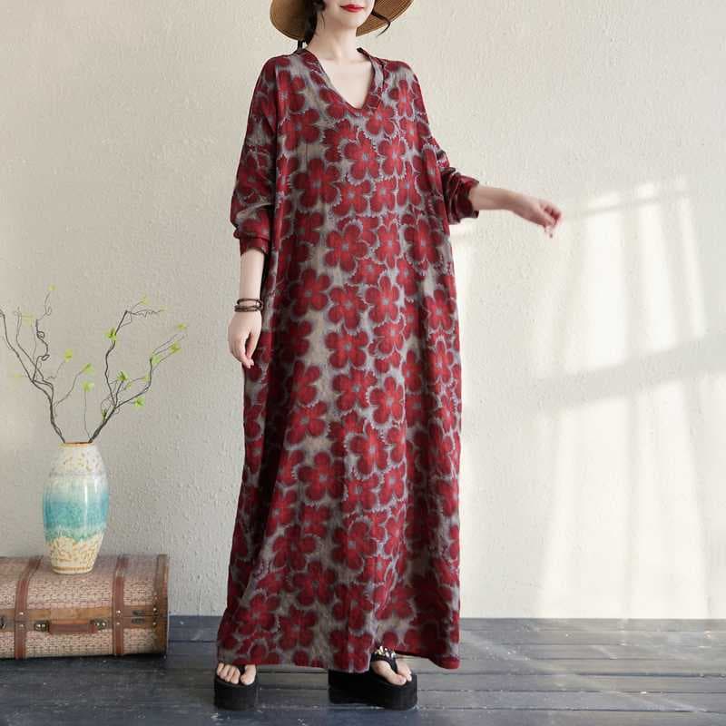Real shot of large size spring and summer new cotton and linen printed long-sleeved dress, retro covering flesh and slimming robe, holiday long dress