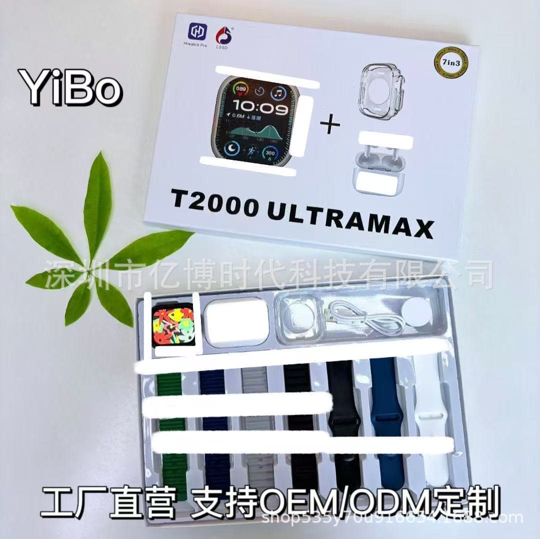 T2000 UltraMax Smartwatch with Bluetooth call and message notifications, step counting, heart rate monitoring, and earphone case.