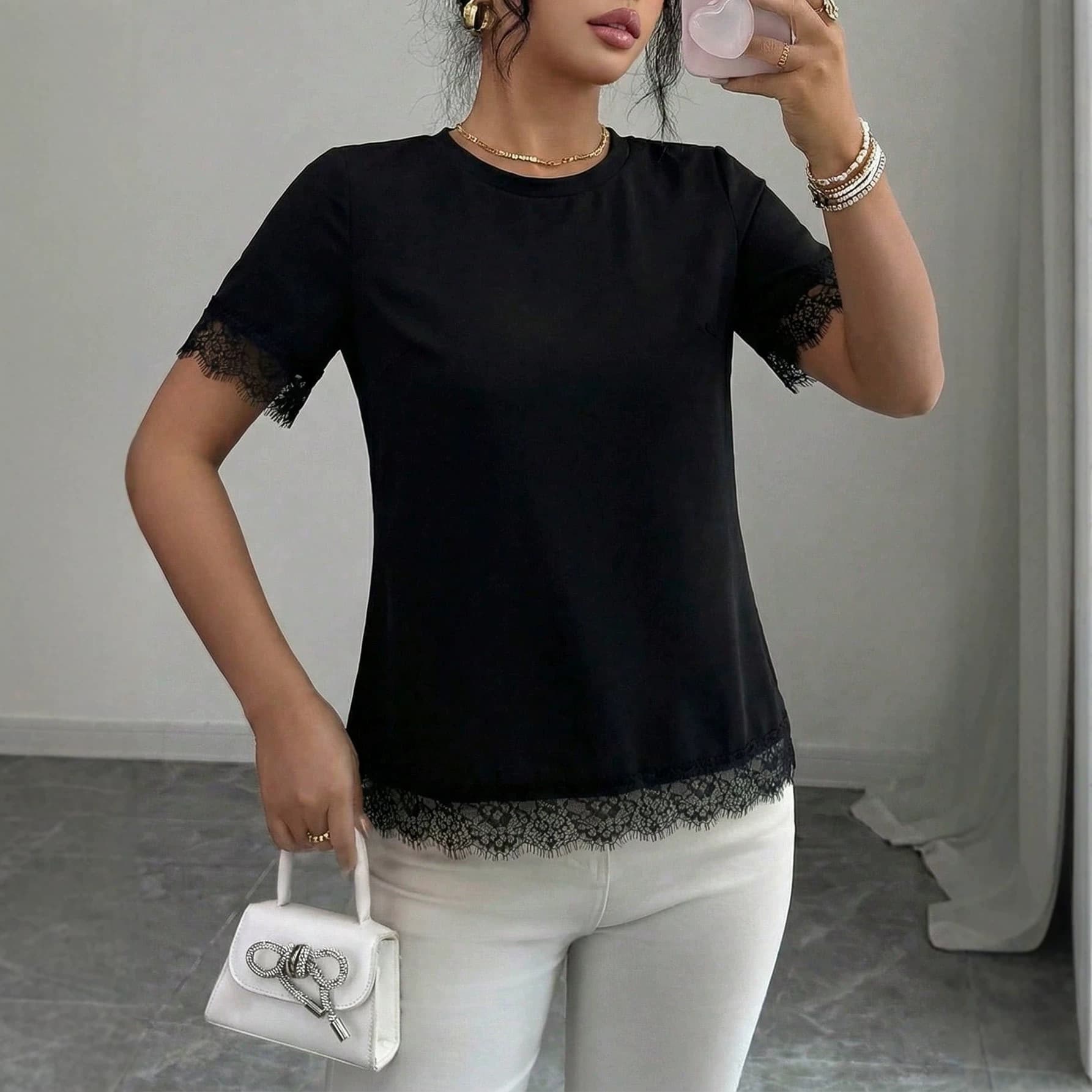 EU/US Cross-border Summer New Back Slit Lace Trim T-Shirt Women French Sexy Open Back Short Sleeve Top