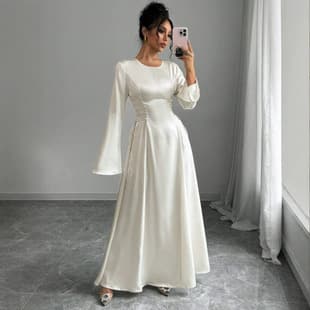2026 European and American New Ivory Satin Round Neck Flared Long Sleeve Maxi Dress Tie Waist Full Skirt Gown