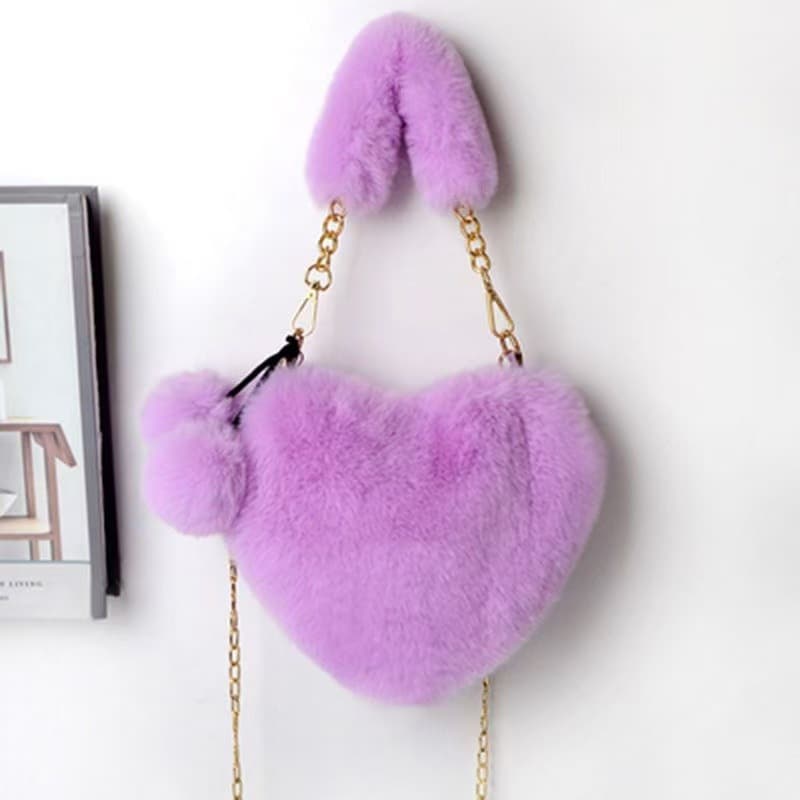 2024 Autumn/Winter New Korean Style Heart-Shaped Plush Bag for Women, Chain Crossbody Bag, Cute Rabbit Ear Furry Bag, Versatile Heart Design