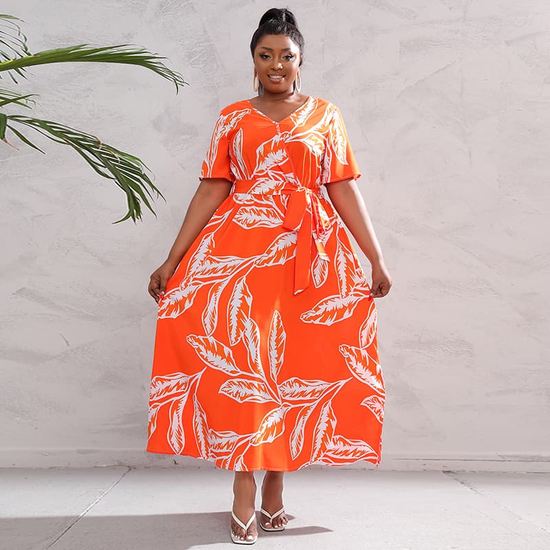 Large Size V-Neck Loose Midi Dress Feathery Print Elegant Style Three-quarter Sleeve Long Skirt for Women European Fashion