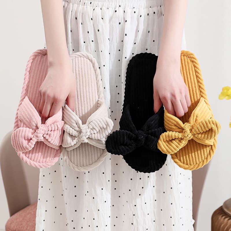 Cross-border Bow Open-toe Women's Autumn/Winter Indoor/Outdoor Thick Sole Warm Plush Maternity Shoes Open-toe Cotton Slippers