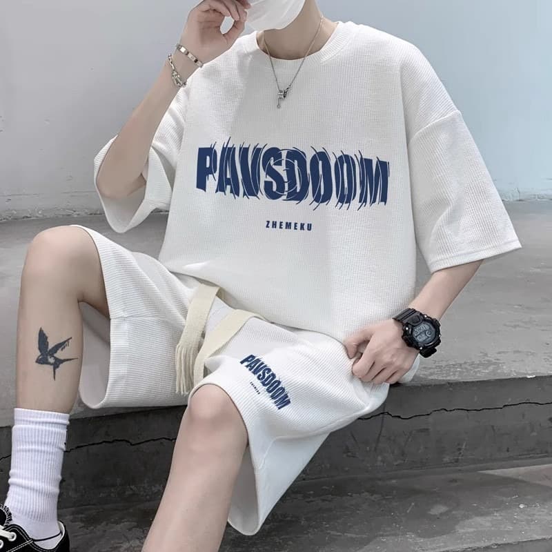 Youth Summer New Casual Sport Set Men Waffle Loose Trendy Student Handsome Versatile Shorts T-Shirt