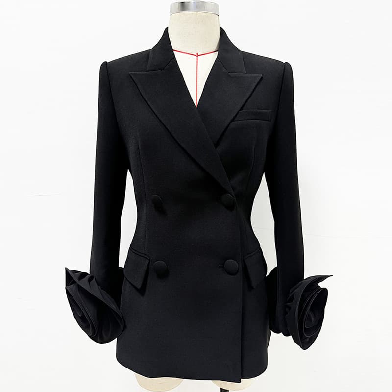 High Street Fashion 2026 New Premium Cuff 3D Floral Decor Double-Breasted Slim Fit Blazer Jacket