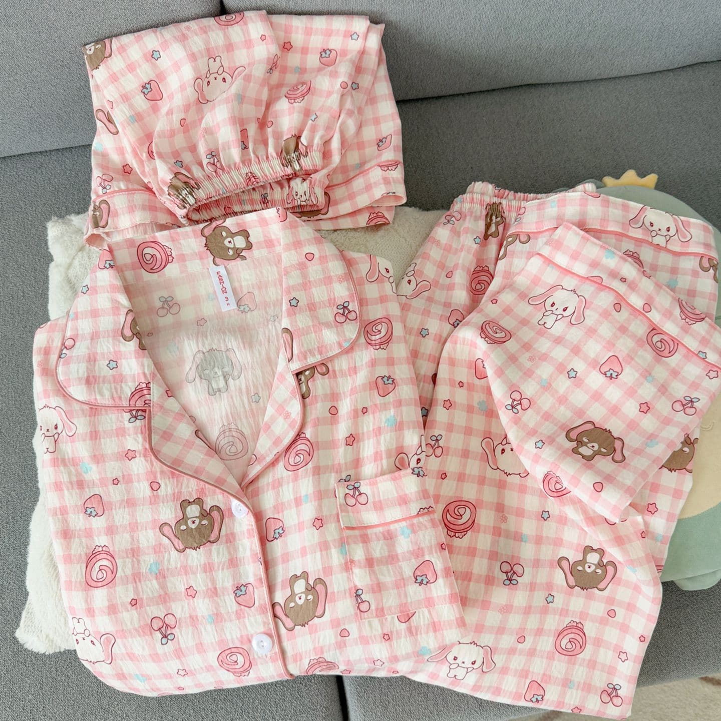 Cloud Cotton Gauze Pajamas Women's Summer Japanese Pink Plaid Bunny Thin Short Sleeve Sweet Girl Loungewear 3-Piece Set