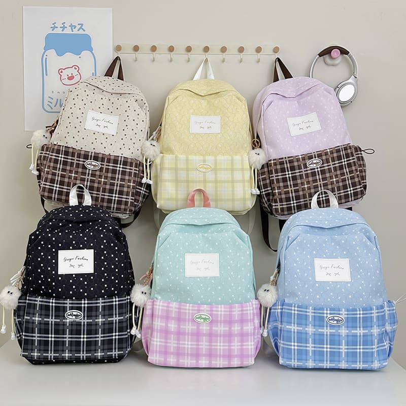 Japanese Polka Dot Plaid Backpack, Multi-Color Fresh and Youthful School Bag, Student Campus Patchwork Versatile Lightweight Backpack