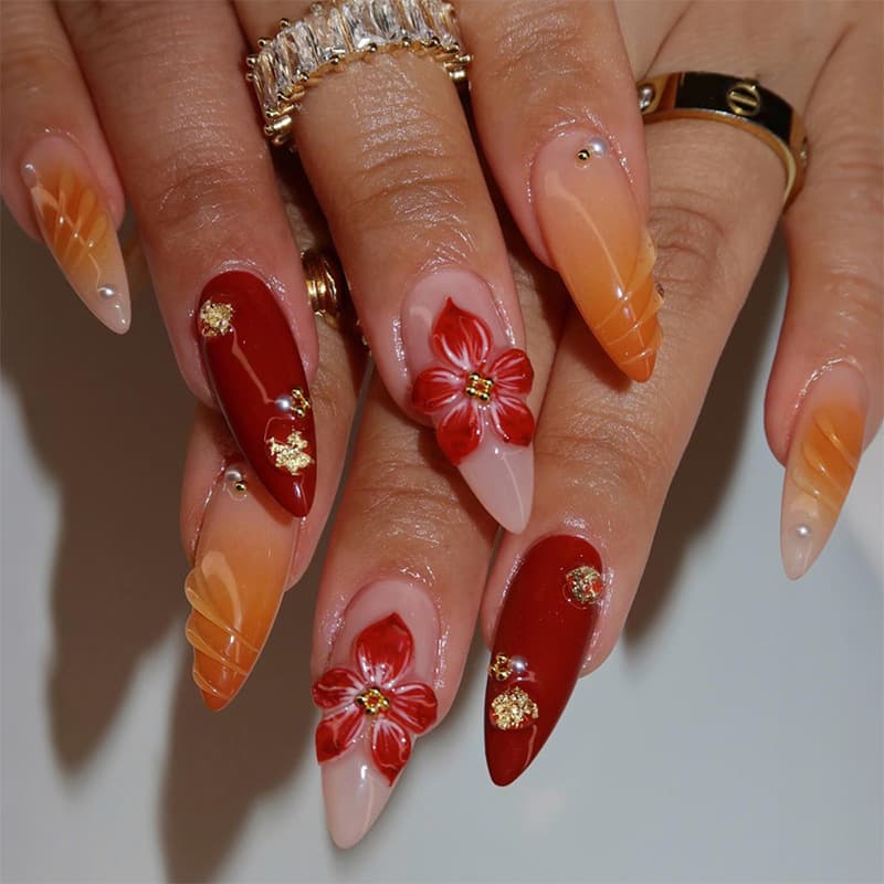 New Fashion Wearable Nails 30 Pieces Almond Shape Epoxy Flower Pearl Sweet Spicy Style Press On Nails