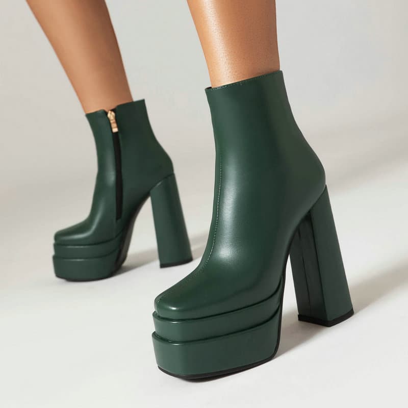 New Autumn/Winter Women's Short Boots, Chunky Heel, Ultra-High Heel, Petite Short Boots, Gold Square Toe, Thick Sole, Slim Fit Short Boots
