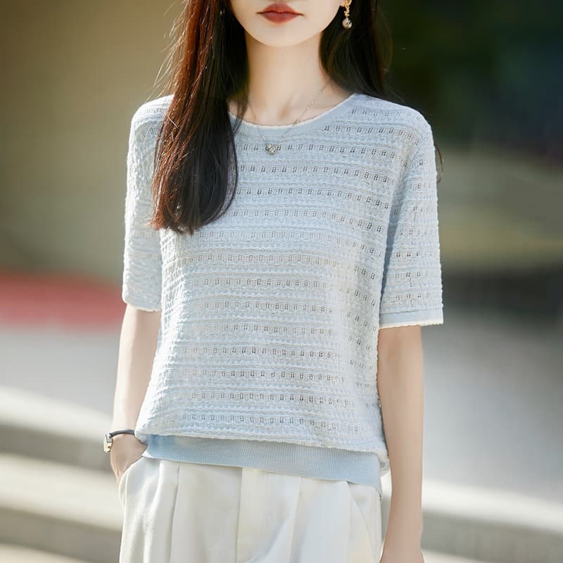 2026 Summer New Round Neck Short Sleeve Knit Top Women Loose Plus Size T-Shirt Summer Women's Clothing Hollow Thin Top
