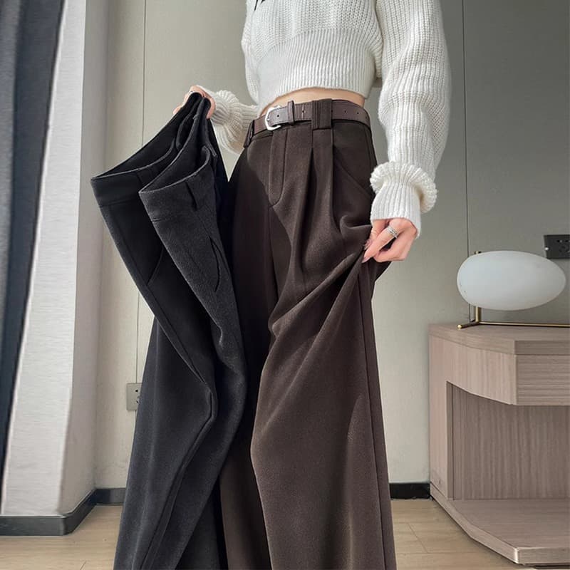 New Maillard Brown Wool Wide-Leg Pants for Women Plus Size Slimming Straight-Leg Pants for Pear-Shaped Body Winter
