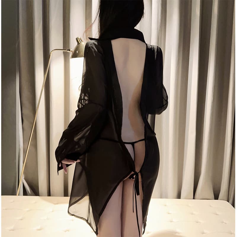 Sexy Lingerie for Women Sheer See-Through Uniform Tempting Plus Size Backless Shirt Passionate Boyfriend Style Sleepwear Set 8850