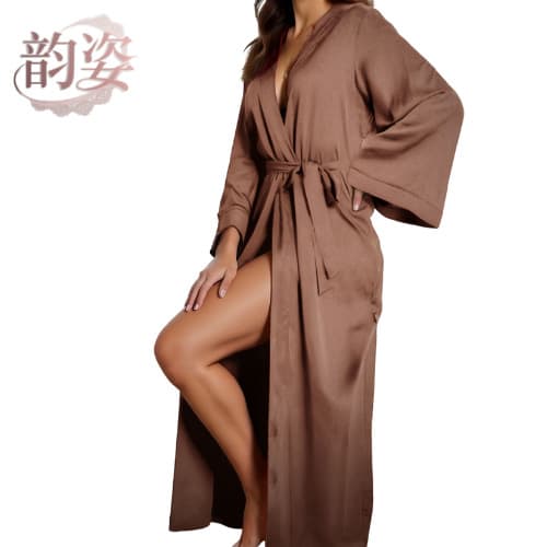 Cross-border 2026 Long Sleeve Silk Plus Size Sleepwear Women's Homewear Sexy Long Ice Silk Robe Women's Bathrobe Wholesale