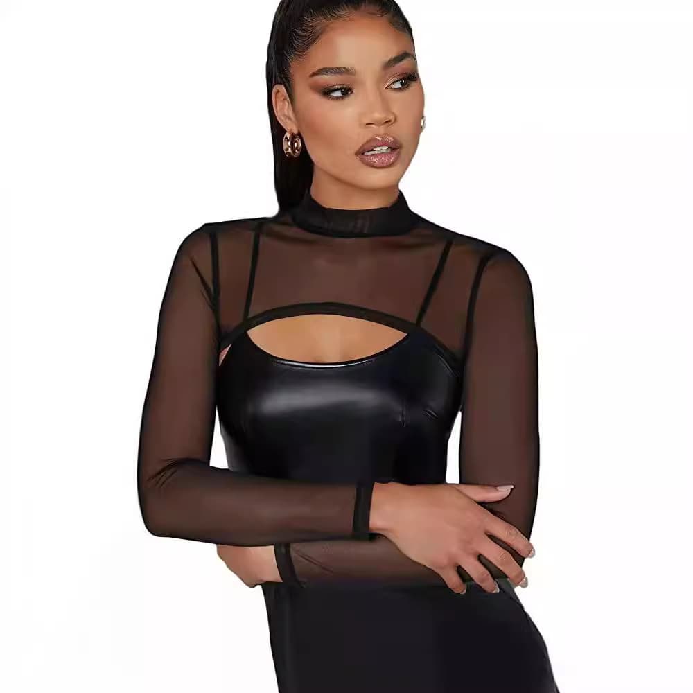 Amazon Long-Sleeve Half-High Collar Slim-Fit Sheer Mesh Crop Top Blouse T-Shirt European and American Style