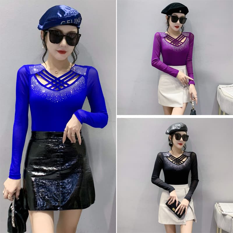 Sexy Mesh Lace Long-Sleeve T-Shirt for Women, Fashionable Rhinestone Elegant Top, Spring and Fall Slim Fit Base Layer