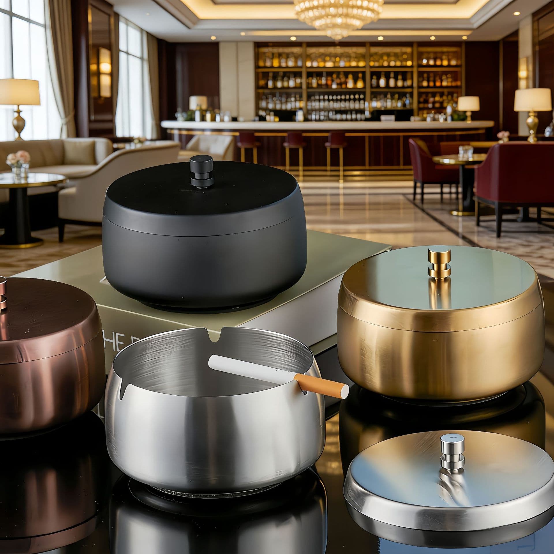 Stainless Steel Ashtray Creative Thickened with Lid Windproof Home Ashtray Commercial KTV Gift Logo Cross-Border Cigarette Urn