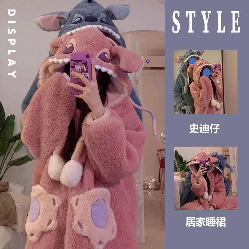 Stitch Couples Pajamas Women's Fall/Winter Coral Fleece Thickened Men's Bathrobe Sleepwear Homewear