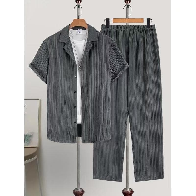 Cross-border Fashion Solid Color 3D Print Short-Sleeve Stand-Collar Shirt and Long Pants Set, Jacquard Fabric, Comfortable