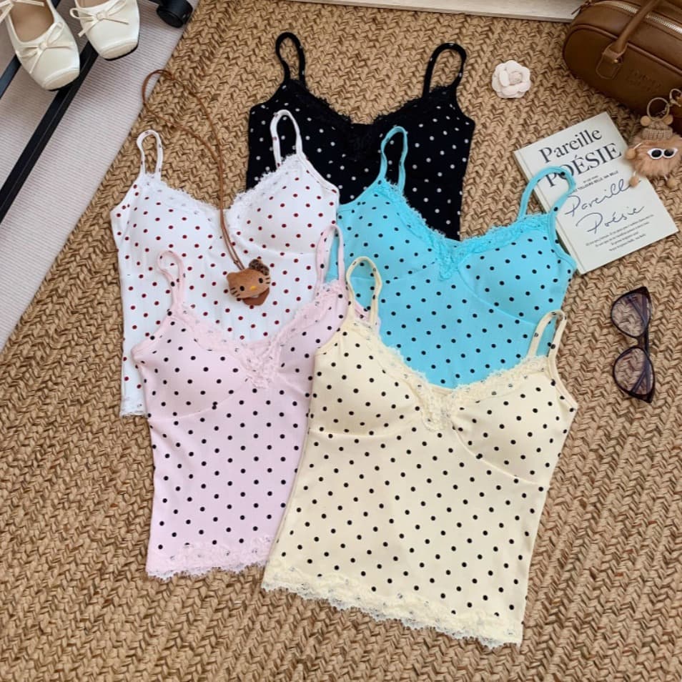 New Summer Sweet Lace Trim Polka Dot V-Neck Camisole Top for Women, Slim Fit with Fixed Padded Bra, Versatile and Flattering