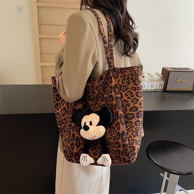 Xiaohongshu Same Style Mickey Leopard Print Bag for Women 2025 New Trendy Retro Shoulder Bag Casual Commuter Tote Bag