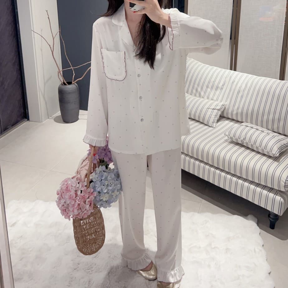 New Premium Ice Silk Pajamas for Women, Autumn and Winter Lace Long Sleeve and Long Pants, French Heart Print Loungewear Set