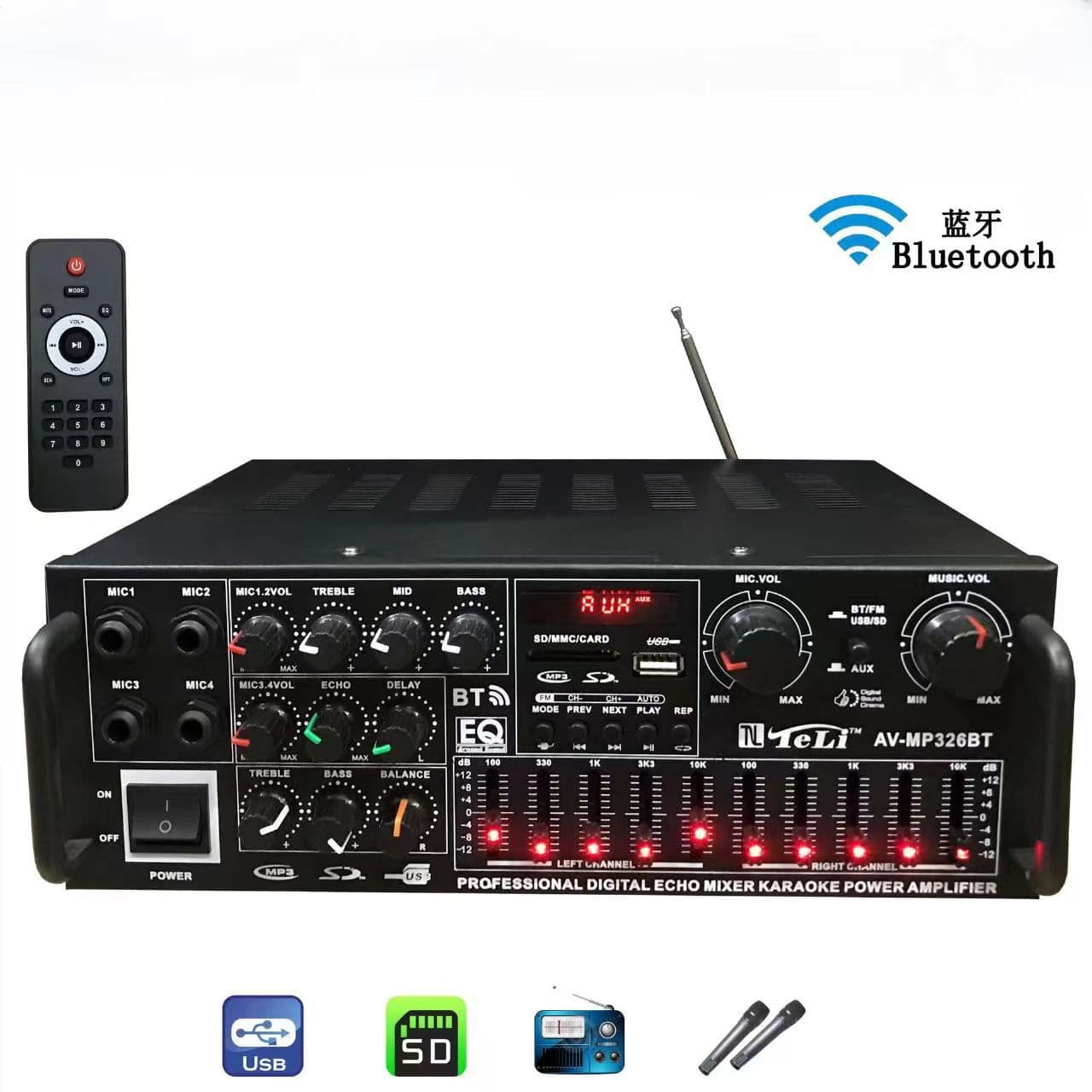 326B T326E Amplifier Speaker Power Amplifier, USB/SD Card Radio, DC 12V/220V Bluetooth