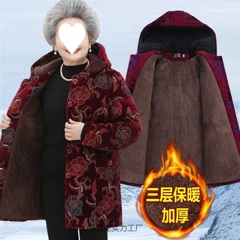 Women's mid-length winter cotton-padded coat for seniors, aged 60-70, thick hooded cotton-padded jacket.