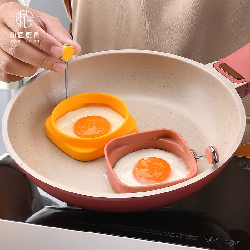 Food-grade silicone double-sided egg fryer with handle, square and round integrated 304 stainless steel, two-in-one egg fryer and pancake mold.