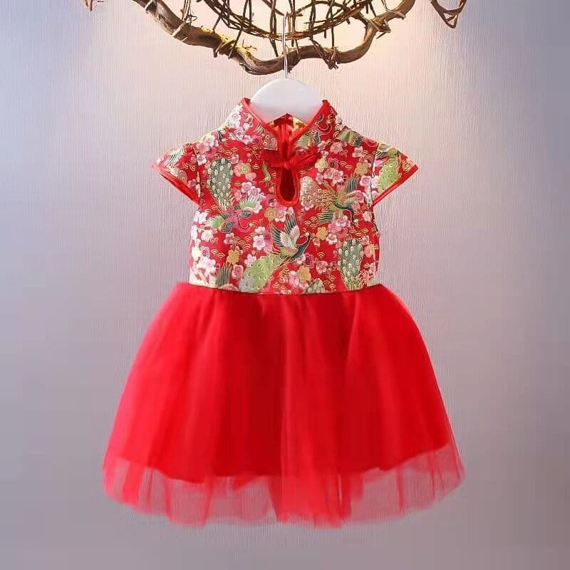 Children's dress, spring and autumn wide mesh princess dress, stand collar, traditional Chinese style, girl's performance costume, short-sleeved, foreign trade children's clothing