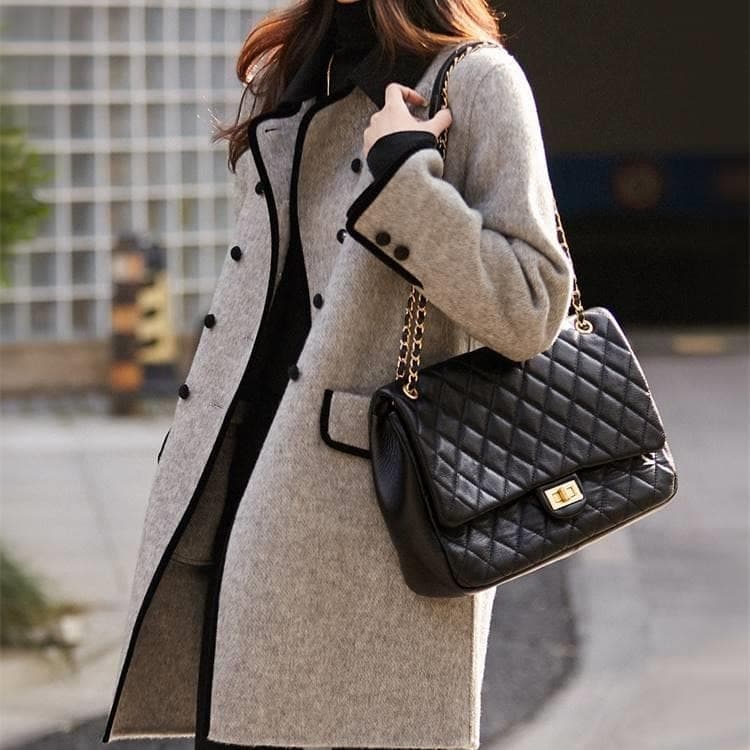 2025 Autumn/Winter Retro New Fashion Double-Breasted Casual Mid-Length Elegant Color Contrast Small Lapel Wool Coat for Women