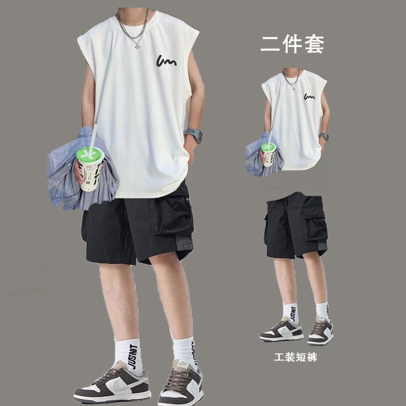 Men's Summer Vest Tank Top and Cargo Shorts Set, Stylish and Cool Two-Piece Outfit